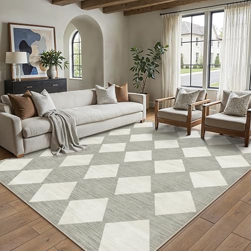 5x7 Checkered Area Rugs for Living Room Grey Machine Washable Large Rug Non-Slip Stain Resistant Low Pile Boho Accent Indoor Throw Carpet for Office B