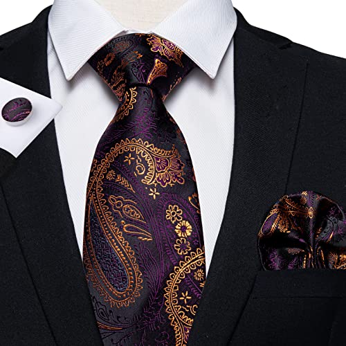 Image of DiBanGu Mens Paisley Tie Set Silk Woven Jacquard Necktie and Pocket Square Cufflinks Gift Set for Wedding Bussiness