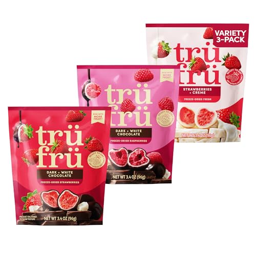 Tru Fru Freeze Dried Fruit Variety Pack, Strawberries & Crème, Raspberries & Strawberries in Dark & White Chocolate, Real Fruit, Chocolate Covered Snacks, Gluten Free Candy, 3 Pack (3.4oz)