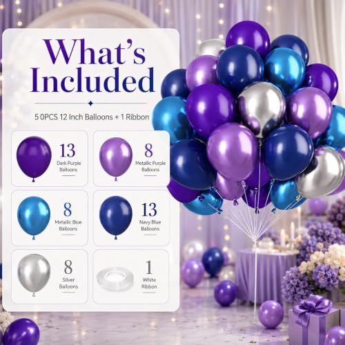 Image of Purple and Blue Balloon Set, 50 PCS 10 Inch Space Theme Party Supplies, Navy Blue Purple Silver Helium for Birthday Baby Shower