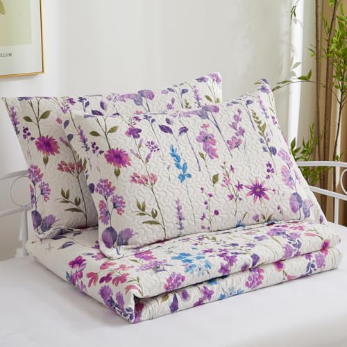 Image of Jarson 3 Pcs Floral Daybed Cover Set Twin Size Purple White Lilac Flower Sofa Cover Bedding Sets Double Side Bed Set for All Season Botanical Pattern Daybed Quilt Set with Pillow Shams