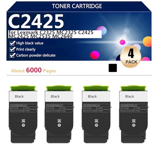 C2425 Compatible Toner Cartridges for Lexmark C2325 MC2325 C2425 MC2425 MC2535 MC2640 Printers, High Yield 6000 Pages, High Definition Printing,Black-4 pack