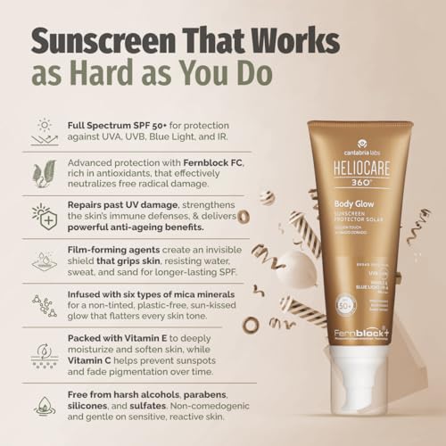 Image of Heliocare 360 Body Glow Sunscreen SPF50+ PA++++ | Golden Touch Shimmer | Broad-Spectrum UVA /UVB, Visible & IR Protection | Fernblock+ Antioxidants | Water & Sweat Resistant | 100 ml