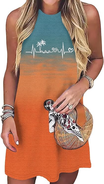 Image of Sun Salt Sand Coconut Tree Tank Mini Dress for Women Casual Loose Sleeveless Beach Praty Shirts Summer Vacation Short Dress
