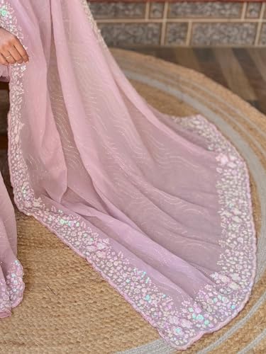 Image of AKHILAM Women's Multicolor Georgette Embellished Saree with Unstitched Blouse Piece(KESARI9501 KR Parent)