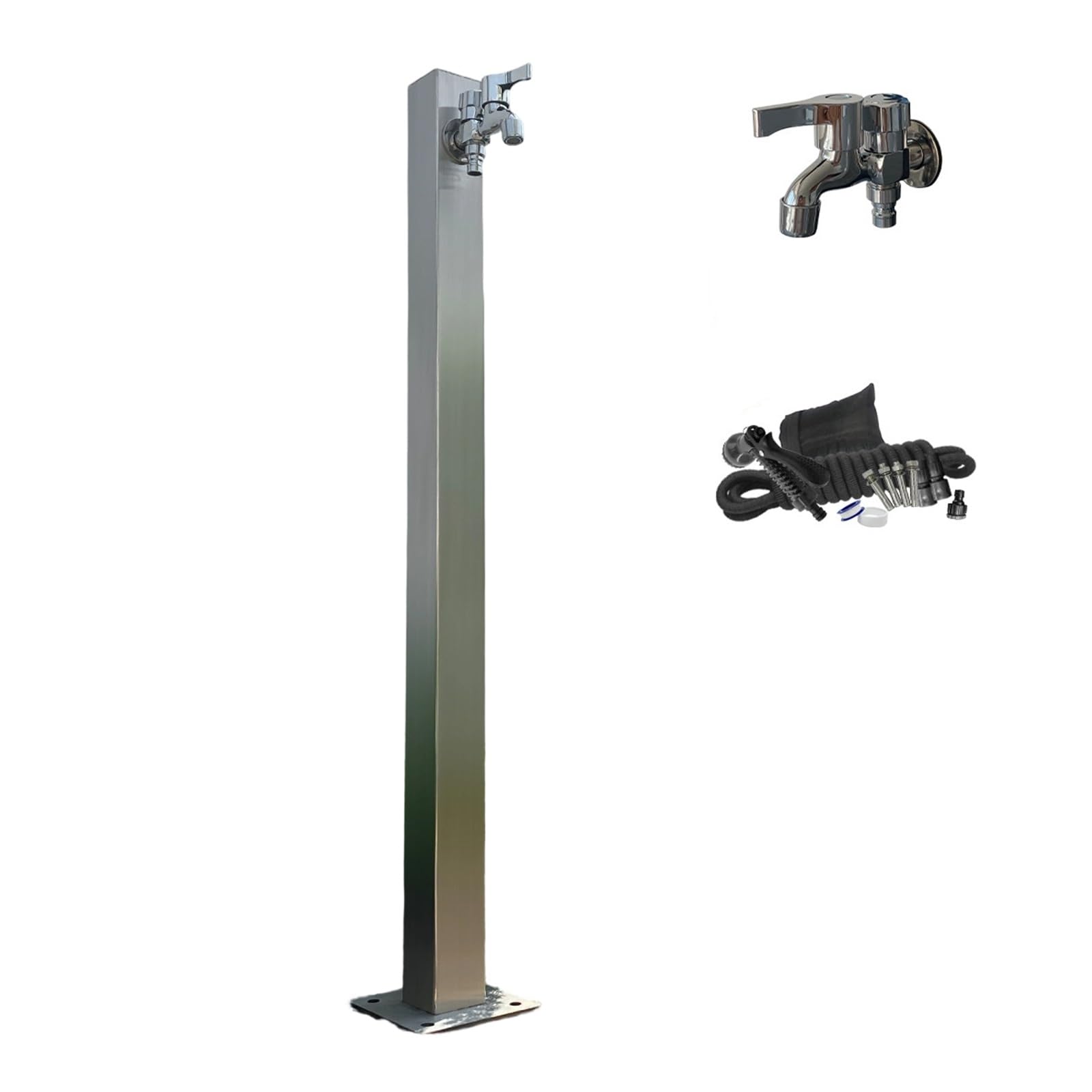 Columna de agua de acero inoxidable 304 para exteriores, hidrante de patio sin heladas, pistola de pulverización de refuerzo de 32 pies, doble salida para riego y limpieza de jardín