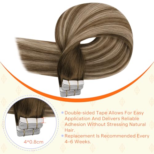 Image of Full Shine Hand Tied Invisible Tape in Hair Extensions,Remy Human Hair,3 /8 /22 Medium Brown to Blonde Balayage,50g 20Pcs 24 Inch,Seamless Skin Weft Injected Tape in Extensions for Graduation Glam