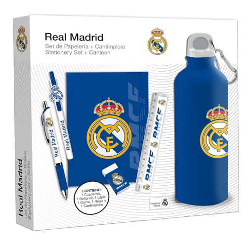 Kids Licensing - Set de Papelería con Botella 650 ml del Real Madrid, Kit Escolar con Accesorios y Cantimplora para Niños