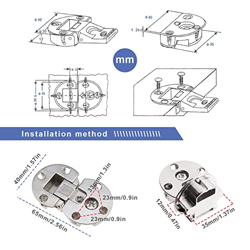 eMagTech 2PCS Semi-Circular Hinges with Fixing Screws 90 Degree Page Turning Axis Adjustable Cabinet Door Hidden Hinge Special Table Drop Down Hinge Flush Hinge - Image 3
