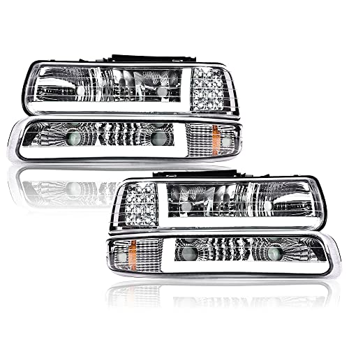 PIT66 LED Headlights, Compatible with 99-02 Chevy Silverado 1500 2500/01-02 Silverado 1500HD 2500HD 3500/00-06 Tahoe Suburban 1500 2500 Headlamp Assembly Clear Lens Chrome Housing Amber Reflector
