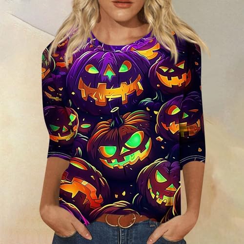 Cute Funny Halloween Shirts for Women Plus Size 3/4 Length Long Sleeve Womens Tops Witch Gothic Renaissance Shirt