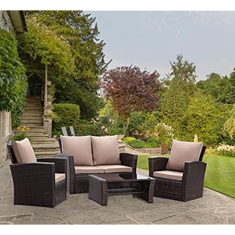 GOODS EMPORIUM Patio furniture - 4 Seater Rattan Garden Furniture Set - Outdoor, Conservatory Sofa sets - FREE COVER INCLUDED (Dark Brown Mixed Rattan - Dark Cushions) Cover