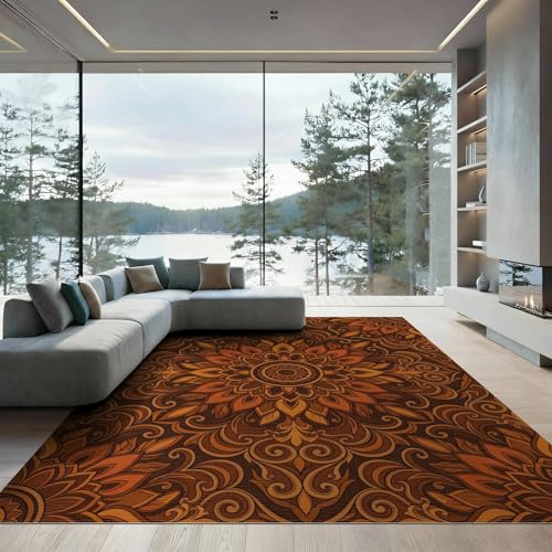 ODIKA 9'x12' Washable Oriental Leaf Oversized Rug, Burnt Orange Non-Shedding Pet Friendly Carpet Foldable Easy Care Mat for Master Suite, California King, Under Bed | Ref:2001380