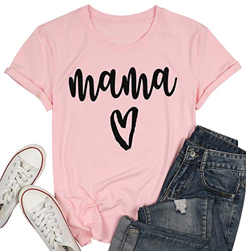 Kiddad Mama Tshirt Womens Mama Heart Graphic Shirts Mom Letter Printed T-Shirt Funny Short Sleeve Tops Blouse Pink #TOP5