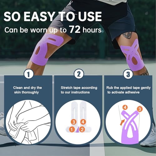 Image of Precut Kinesiology Tape for Knees, 10 Strips - Knee Support & Stability, Knee Pain Relief Athletic Tape - Waterproof & Elastic, Breathable Hypoallergenic Latex-Free Tape, Purple