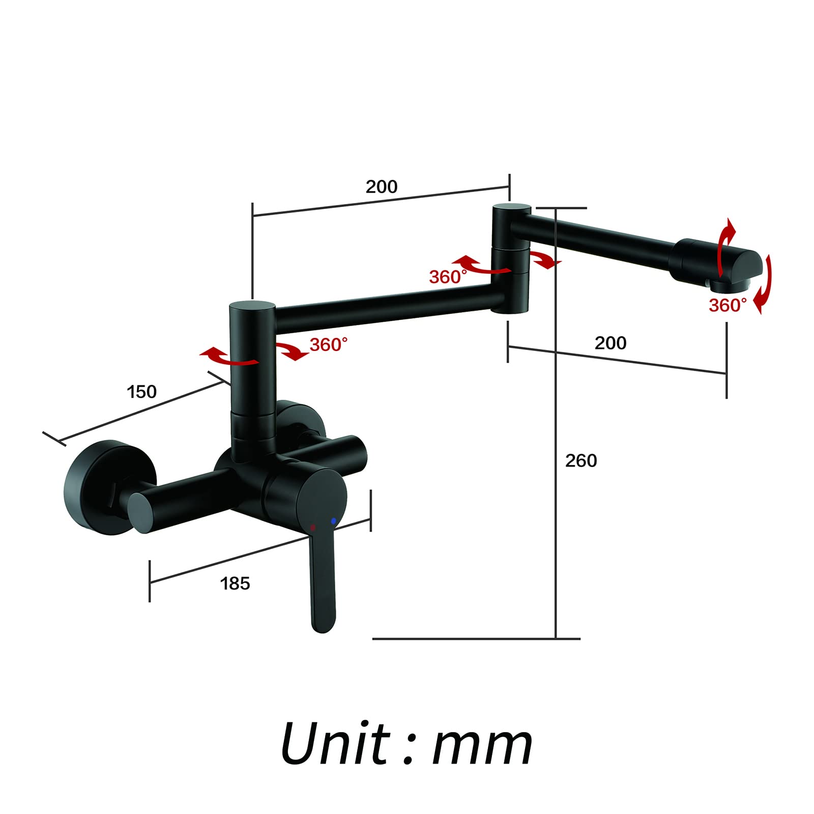 ESOP Grifo de Cocina Plegable Negro Para Pared - Rotación 360° - Latón Monomando Mezclador de Fregadero