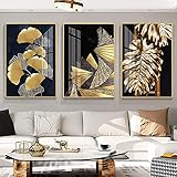 KLHWR Wandkunst 3 Stück 60 x 80 cm Rahmenlos abstrakte goldene Pflanzenblätter Wendeltreppe Posterdruck Wandkunst Bild Wohnzimmer Schlafzimmer Wohnkultur