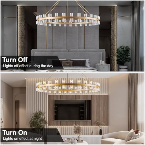 Image of 60 Inch Gold Wagon Wheel Chandelier with Crystal Shade, 60 Lights, Modern Farmhouse Style, Ideal for Dining Room, Kitchen, Entryways