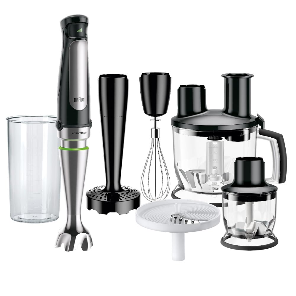 Braun Minipimer 7 MQ7087X - Batidora de Mano de 1000W, Minipicadora de 350ml, Pasapuré, Varillas, Procesador de Alimentos con 3 Funciones, Vaso de 600ml, Velocidad Automática, Tecnología ActiveBlade