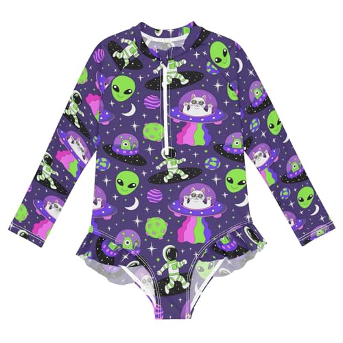 Wusikd Girls Long Sleeve Swimsuit Astronauts Alien One Piece Bathing Suit Zipper Space Cartoon Swimwear Sun Protection 7-8T