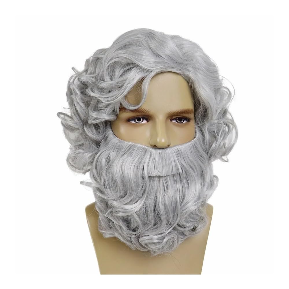 Syntetyczne zestawy do brody i peruk, krótka, szara, starzec, kręcona, kostium, cosplay dla mężczyzn, na Boże Narodzenie, przyjęcie, linia włosów, cienka (ombre szary)