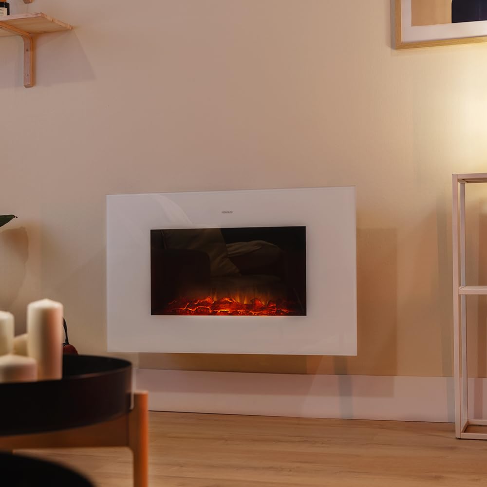 Cecotec Camino Elettrico Decorativo 35” con Telecomando e WiFi ReadyWarm 3590 Flames Connected White. Massima Potenza 2000W, 2 Intensità, Pannello Piatto Cristallo Temperato, Fiamma Regolabile, Timer