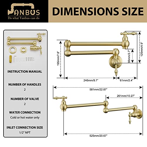 Vanbus 03B-BG Brass Pot Filler,Pot Filler Faucet Brushed Gold, Wall Mount Pot Filler Kitchen Faucet thumb #6