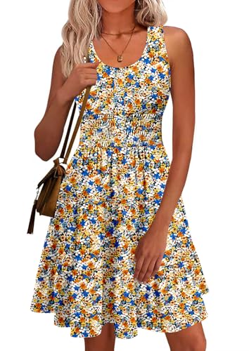 Image of Summer Dresses for Women Casual Sleeveless Sundresses Elastic Waist Mini Sun Dress