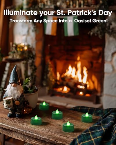 Image of Amagic 30 Pcs Green Flickering Flameless Tea Lights Battery Operated, 200+ Hours Long Lasting Colored Candles for Party, St. Patrick, Table Centerpiece, Home Decor, Mardi Gras, Halloween, Christmas