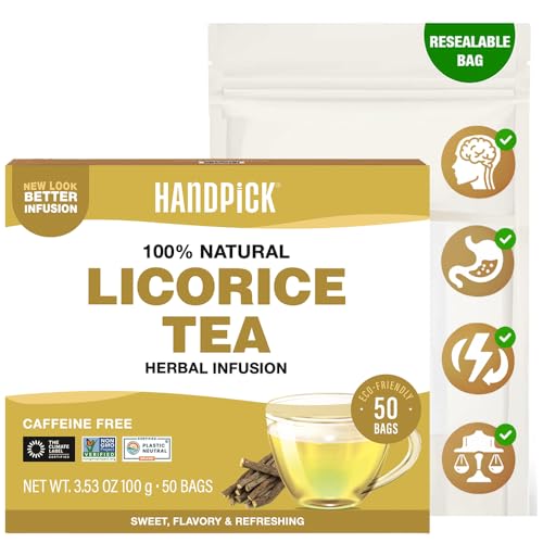 HANDPICK Licorice Root Tea Bags (50 Count 2g/bag) Licorice Tea | Non-GMO Caffeine Free | Premium Quality Eco Conscious Round Bags