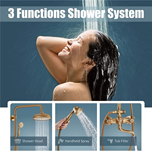 Aolemi Sistema de ducha expuesto con ducha de mano y llenador de bañera en latón antiguo | Llenador giratorio para bañera, cabezal de ducha de 8 pulgadas, con rociador de mano, manijas cruzadas dobles, altura ajustable, montaje en pared miniatura 2