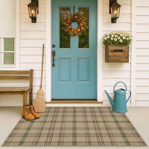 Easy Jute 3x5 Outdoor Rug for Front Porch Layering - Washable Door Mat for Large Entryway, Non Slip Farmhouse Woven Rug for Kitchen Floor, Mudroom - Buffalo Plaid Sage Green Decor 3' x 5' (R