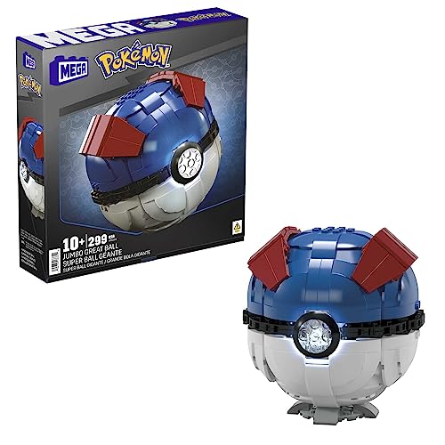 MEGA POKÉMON - Zusammenbaubarer Superball mit Lichtern und Aufstellvorrichtung, 299-teiliges Bauset mit authentischen Details, 12,7 cm groß, für Sammler, HMW04