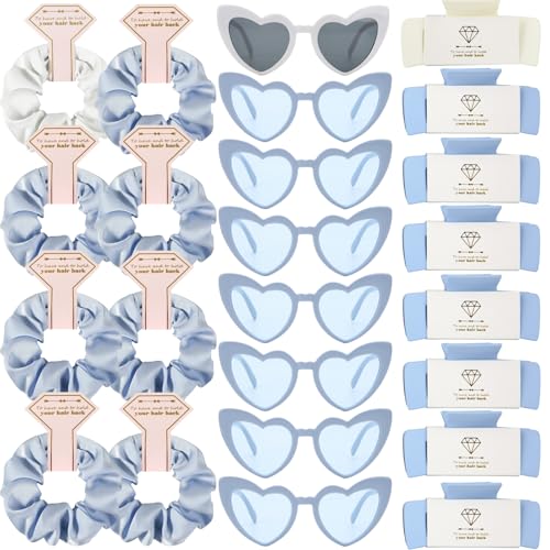 Loanzeg Bridesmaid Scrunchies Proposal Hair claws clips Set of 12 Bridal Shower heart sunglasses Gifts for Wedding Bachelorette Party Favors (24pcs White&Dusty Blue)