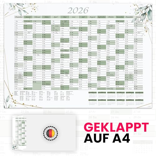 XXL Jahreskalender 2026 und Januar 2027 Jahresplaner in A1 im schönen Eukalyptus Blätter Design mit Ferien und Feiertagen Wandkalender Wandplaner Kalender Planer gefaltet gefalzt