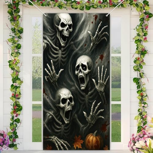 Image of BlissYard Door Cover Halloween Skull Spirits 35 x 71 Inch | Polyester, Skull Spirit Forest Design, Haunted House Door Decor, Porch, Wall, Party and Photo Backdrop Display