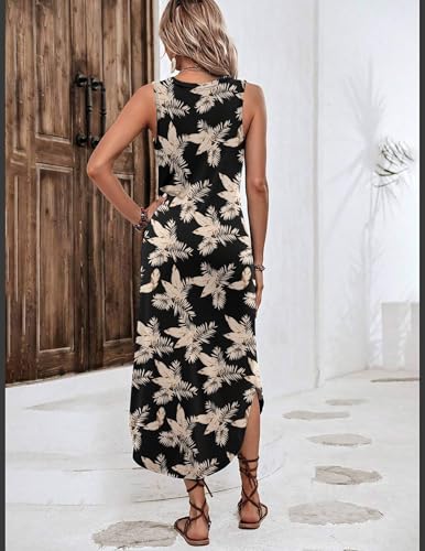Image of Zeagoo Women Floral Summer Casual Beach Printed Tank Dress with Pockets Pleated Front Long Dress