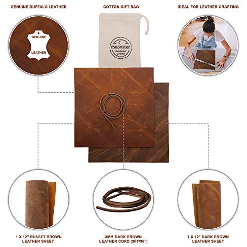 Image of moonster Real Not Faux Leather Fabric Sheet for Earrings, Wallet and Crafts (Dark and Russet Brown 2 Sheets plus Cord)