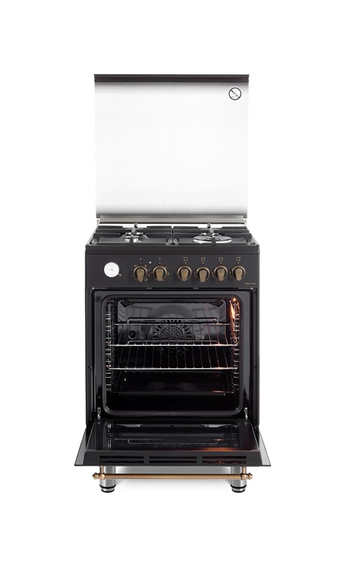 De'Longhi PEMA 664 CLSG Kuchenka Gazowa 60 cm Piecyk Elektryczny Wielofunkcyjny 4 Palniki Podwójna Korona Ruszty Żeliwne Easysteam Idroclean Czarna Klasa Energetyczna A