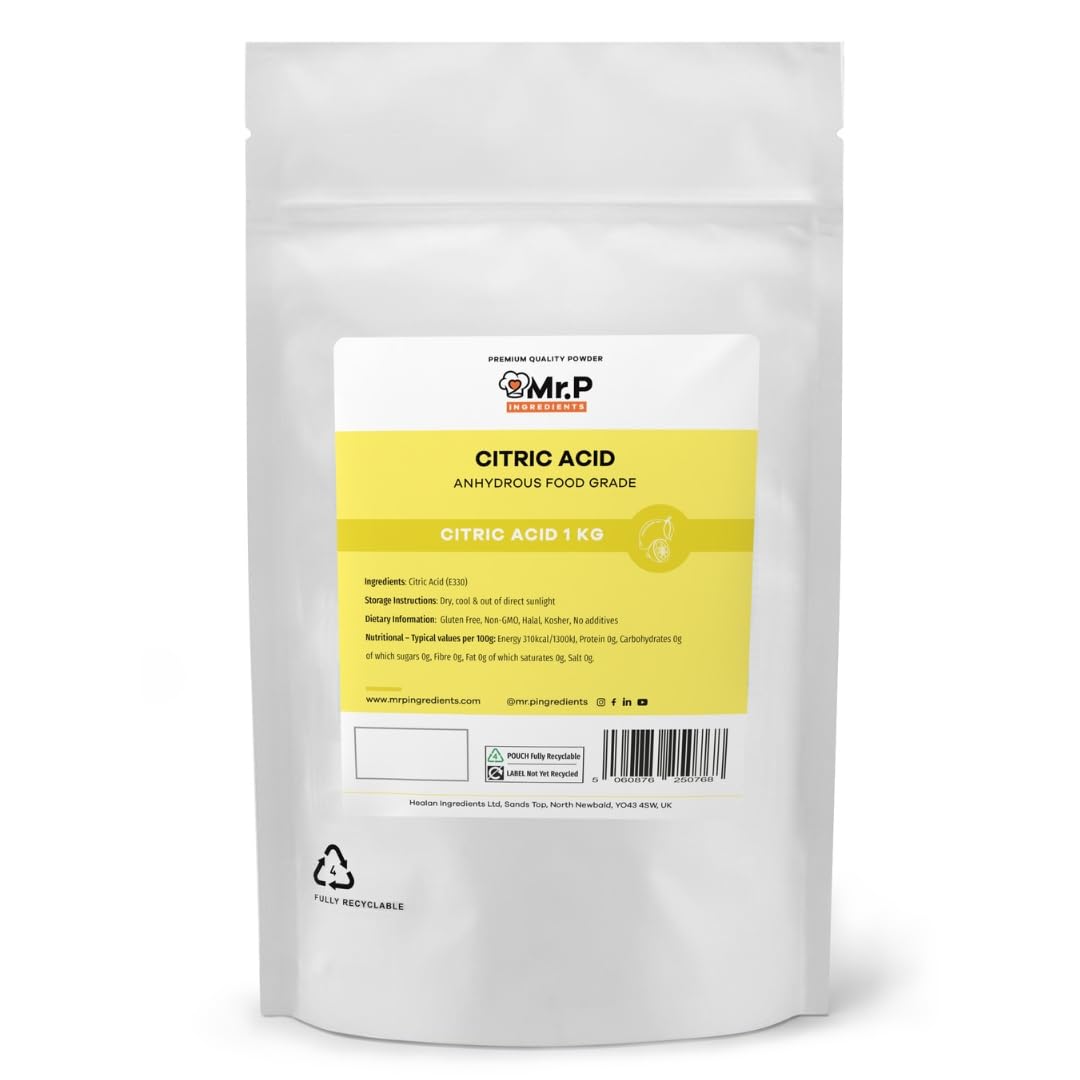 Mr.P Ingredients Citric Acid 1 Kg Anhydrous Food Grade Gluten Free Non-GMO Halal Kosher No additives