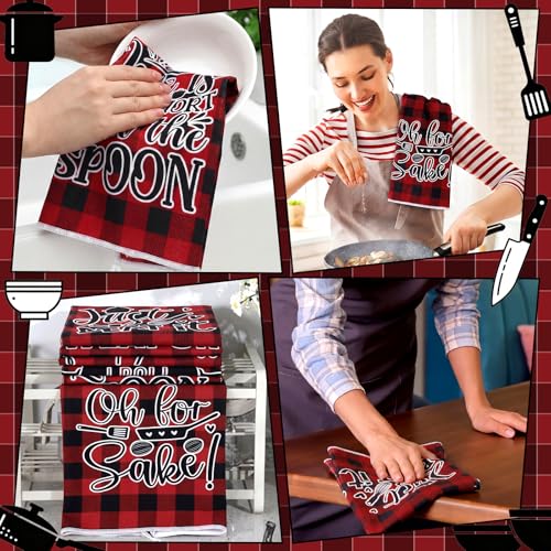 Image of Bencailor 6 Pcs Red Black Plaid Kitchen Towels Decorative Sets Dish Towels Absorbent Fast Drying Hand Tea Vintage Hanging Reusable Cleaning Dishcloths for Cooking Farmhouse Bathroom Accessory