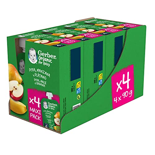 GERBER Organic Pera Manzana Plátano, Bolsita Puré de Fruta para bebés, 4 Packs ahorro de 4x90g, a partir de 4 meses