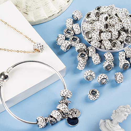 Ancirs 100Pcs 12Mm Large Hole Rhinestone European Beads, Large Hole Rondelle Spacer Beads, Diamond Hair Beads For European Bracelet Snake Chain Charm Bracelet (White) #TOP2