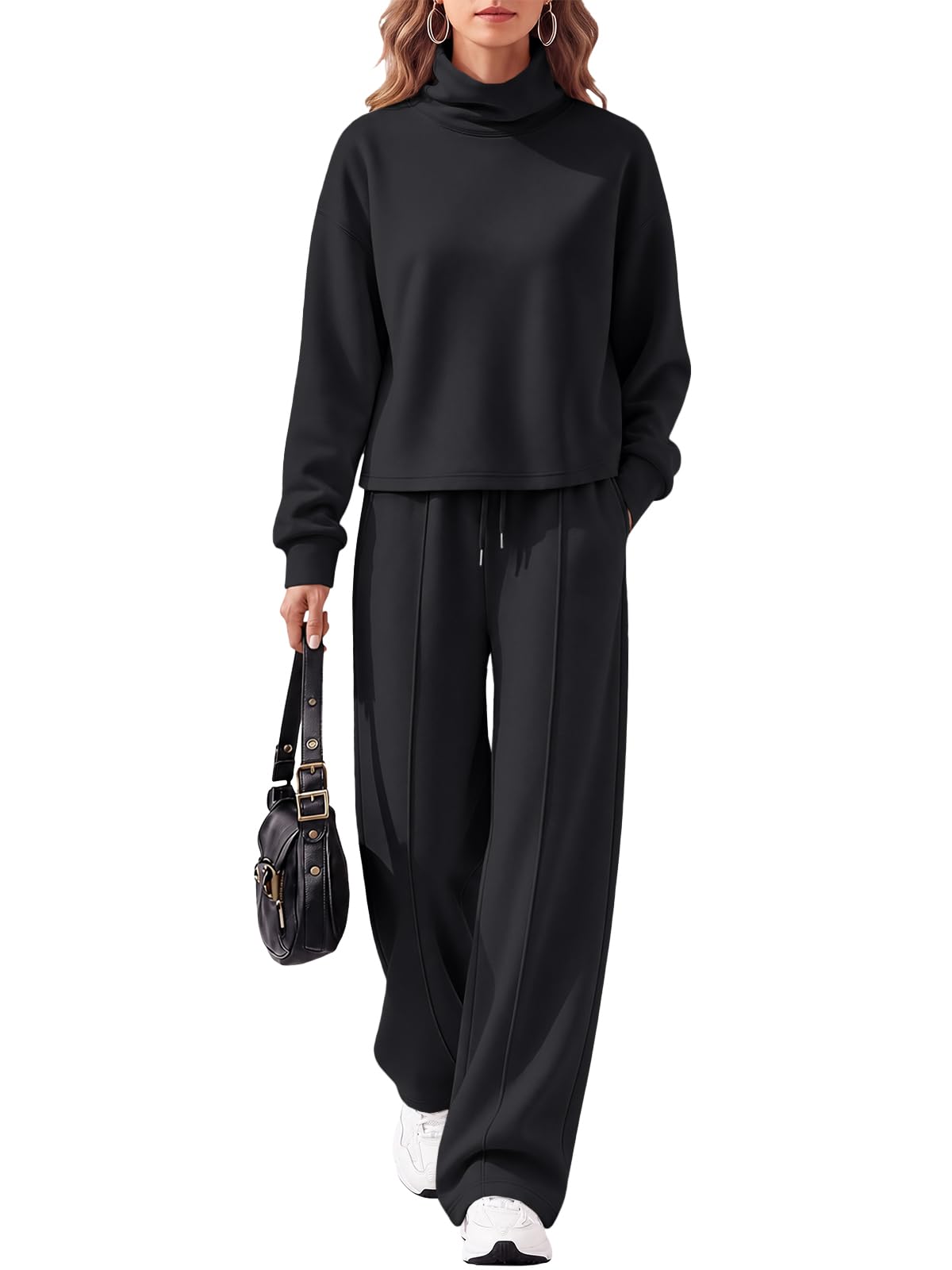 EFAN Womens Mock Neck Sweatsuit 2 Piece Modal Blend Lounge Sweat Sets 2026 | Comfort fabric, turtleneck, drawstring wide-leg pants with pockets, travel airport loungewear, matching set, fall outfits