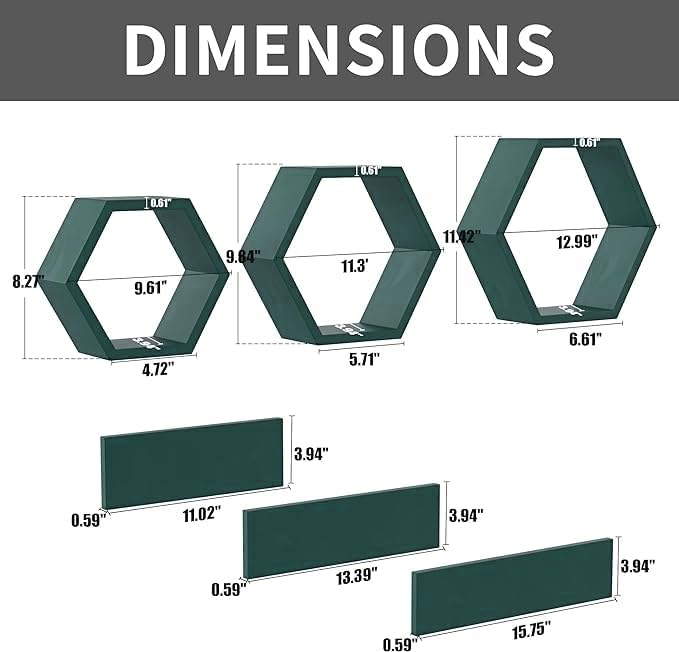 Image of Wooden Floating Wall Mounted Set of 6 Hexagon Shelves Display Shelf for Photos, Plants, Rustic Honeycomb Shelves for Living Room, Bedroom, Bathroom, Kitchen, Office (Dark Green)