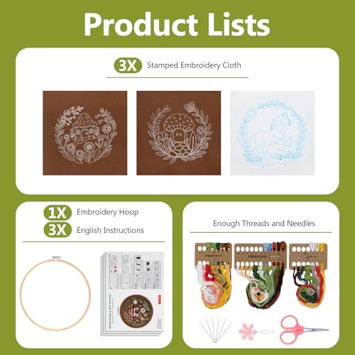 Image of Santune 3 Pack Embroidery Kit Cross Stitch Needlepoint Kits for Beginners Adult Needle Point Sets with Mushroom & Horse Embroidery Patterns, Includes Step-By-Step Instructions & Accessories