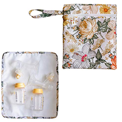 Image of Iris & Ella Breast Pump Wet Dry Bag - Reusable Floral Pattern Breast Pump Storage Bag W/Staging Mat & Removable Waterproof Lining - Wet Dry Bags for Breast Pump Parts - Wet Bags for Baby - 13" x 11"
