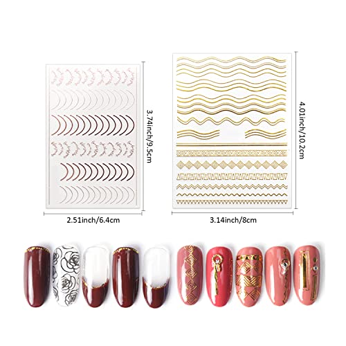 Silpecwee 14 Sheets Gold Nail Stickers French Line Metallic Curve Strip Nail Decals Self Adhesive Nail Art Stickers Nail Design Stickers 3D Nail Decoration For Women Kids #TOP1