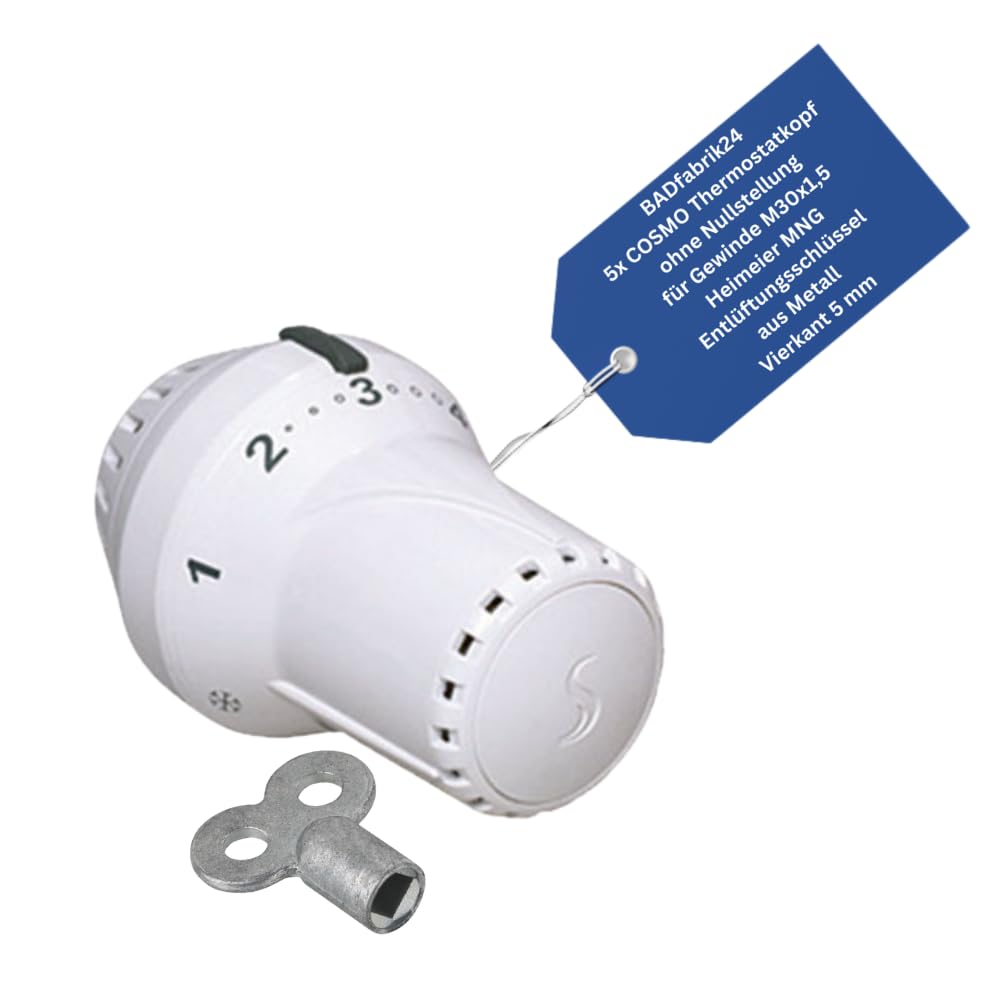 Thermostatkopf ohne Nullstellung M30 x 1,5 für Heimeier & MNG – 5er Set + Entlüftungsschlüssel 5 mm Vierkant Metall – manuelle Heizkörper-Regelung, klare Skala