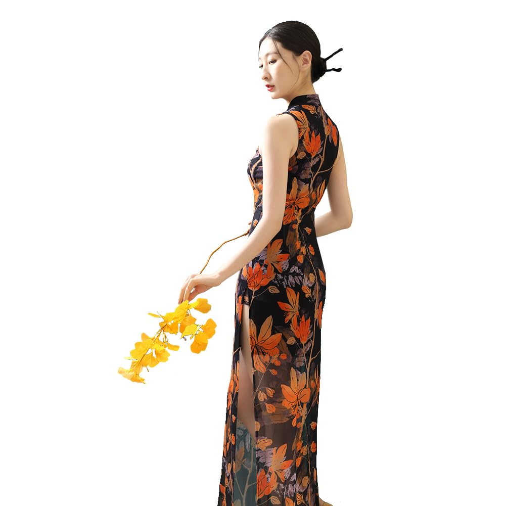 ROYAL SMEELA Vestito Qipao Senza Maniche Donna Abito Cheongsam Stampa Sexy Abito Qipao Cheongsam Tradizionale Cinese Costume Cinese Nero Vestito Cheongsam Cinese Qipao Fessura Abito Qipao Lungo